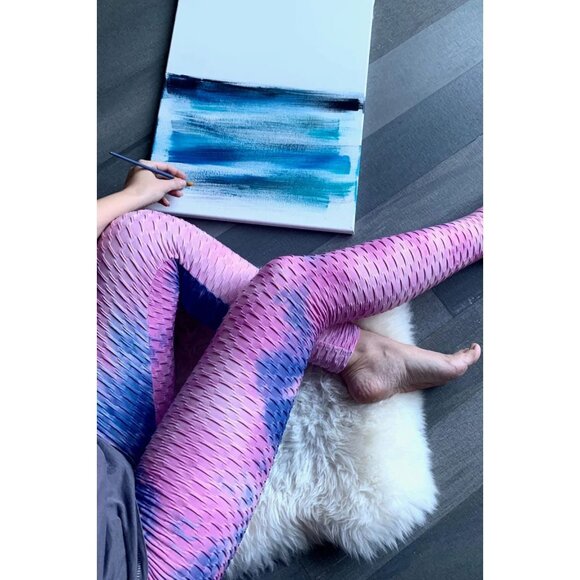 Tie-Dye bubble Waffle Texture High Waisted Tie Waist Honeycomb Leggings Large - Picture 1 of 6